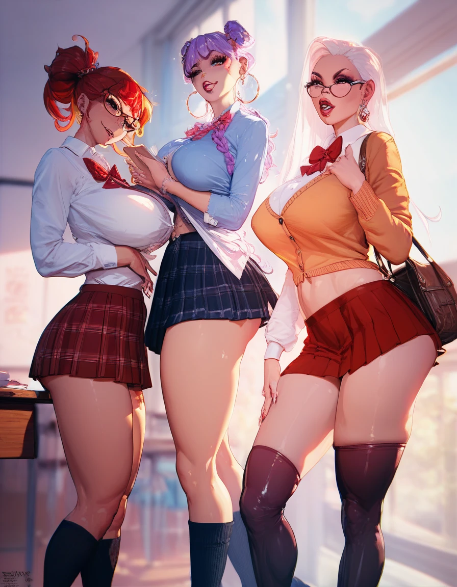 multiple girls, 4 girls, 1 girl with pink hair, 1 girl with white hair, 1 blonde girl, 1 girl with brown hair, classroom, school, pussy, asshole, no panties, detailed faces, detailed eyes,from behind, ass, multiple girls, school clothes on the floor, fingering each other, butt plug, heart shaped anal plug.,ass, ass focus, buttplug