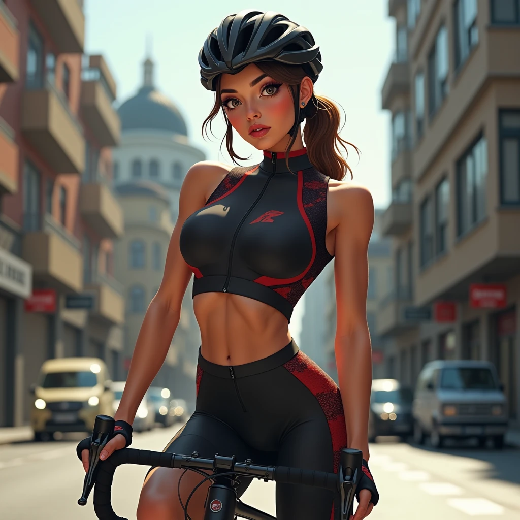 A queen,ride a bike,looking hot,realistic,
