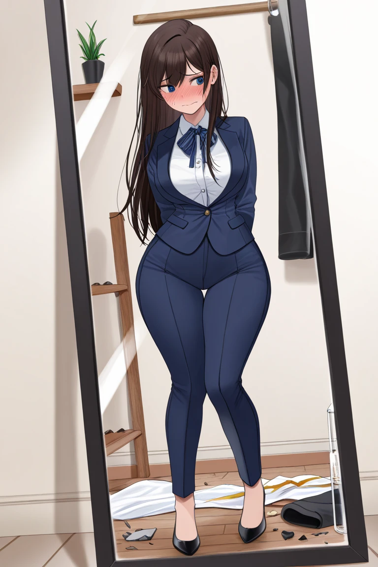 1 girl, brown hair, blue eyes, grey turtleneck, shirt, ballerina flat shoes, tights, smile, study, mansion, amazing scenery, books, intricate detail, beutiful lighting, amazing decorations, masterpiece, perfect anatomy, standing, holding book, full body