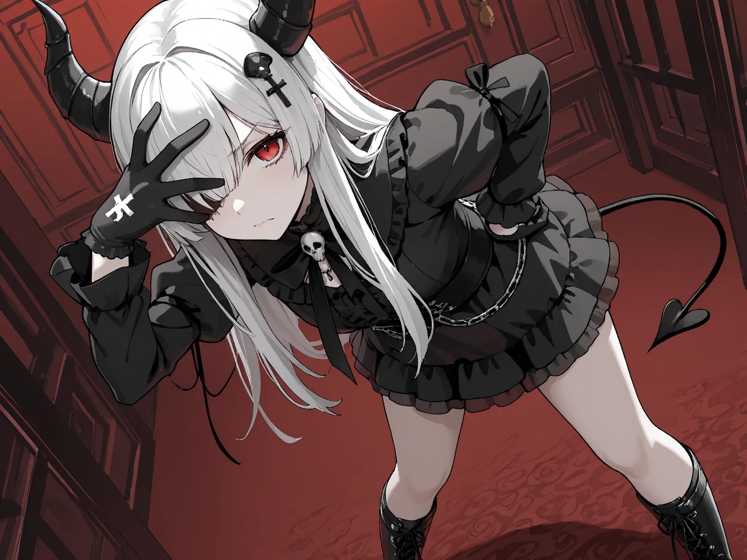 masterpiece, best quality, highres, 1girl twintails twin braids hair ornament demon horns crown, black dress detached sleeves black gloves fingerless gloves cleavage black thighhighs <lora:shinigamichan:1> high heel boots, squatting, head rest
