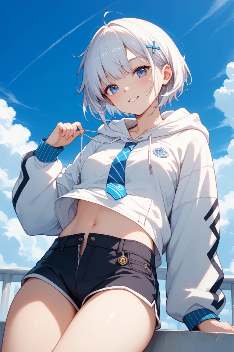 short hair,Short Hair,Straight Hair、Gray Hair、Twinkling eyes、Amber Eyes、Cat ear、Cat tail,Embarrassing,playground,blue sky,separate,hoodie,hot pants,Sports Bra,Umbilical cord,small胸、shine、reflected light、Film Grain、masterpiece、Textured skin、Super Detail、High Detail、high quality、最high quality、High resolution、16K、shine,(small,Young,Lori),Sweat,first round
