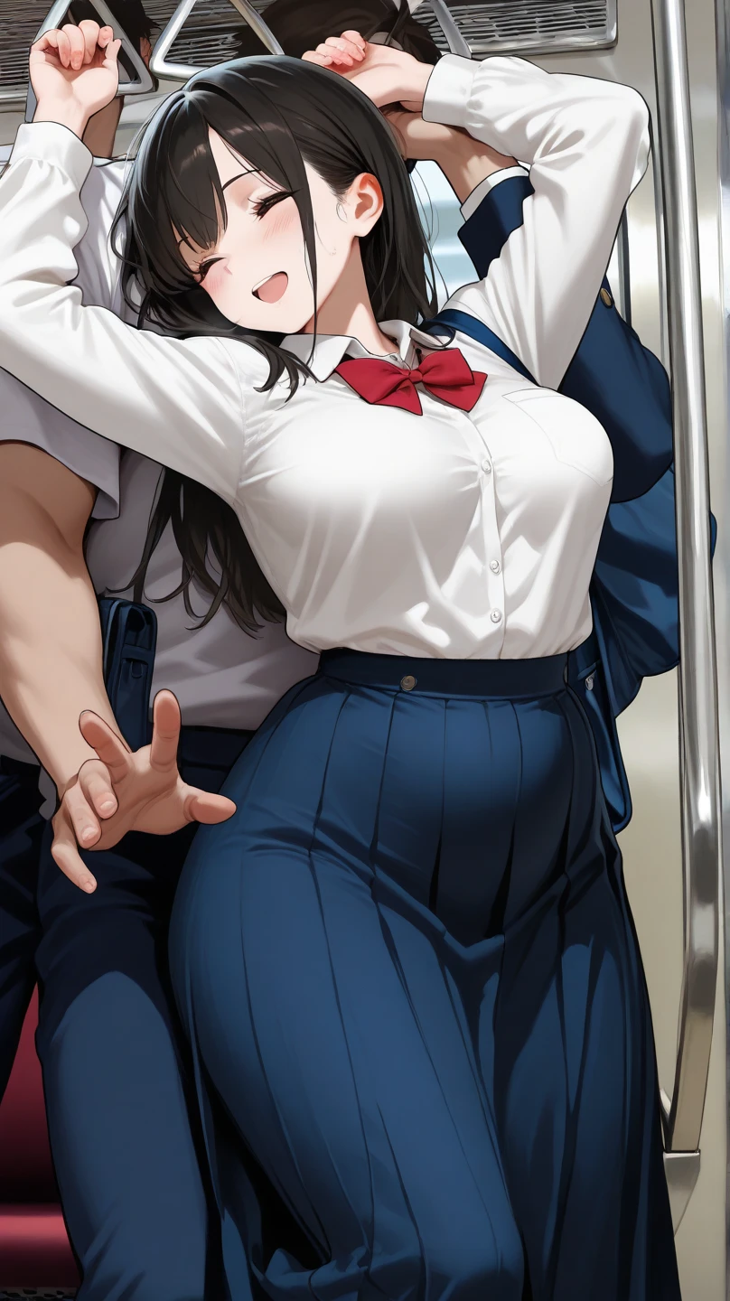 (1girl, 2old man:1.8), Anime cel drawing style, masterpiece, Best Quality, High resolution, nsfw, cowboy shot:1.6, (gigantic breasts:1.6), shirt lift, panty shot, fear, Purple hair, Bangs, Side Ponytail, Hair Ornament, highleg panties thong, crowded train, White sailor suit, Short sleeves, red neckerchief, (1girl 1old man kiss:1.8), girl crotch grab old man