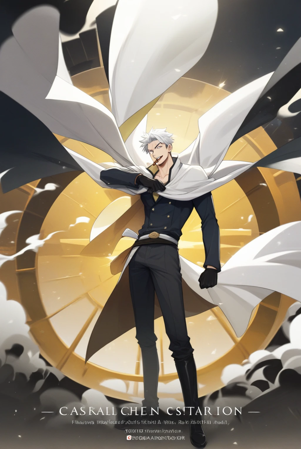 MZBPSZ, (score_9, score_8_up, score_7_up, score_6_up, source_anime:0.8), solo, 1boy, catboy, white hair, absurdly long hair, black turtleneck, black pants, yellow cloak, floating in outer space, smoking cigar, space, star \(sky\)