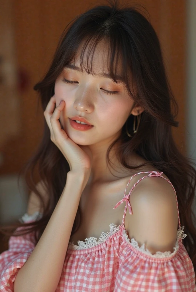 a beautiful Korean woman aged 15, long curly hair, bright white face, gray eyes, wet red lips, plump body, plump arms, beautiful fingers with red nails, large normal breasts, wearing cute patterned pajamas, big hips and plump thighs, smooth shining skin, sleeping on a white bed with a challenging pose, very realistic, 8K, high resolution.