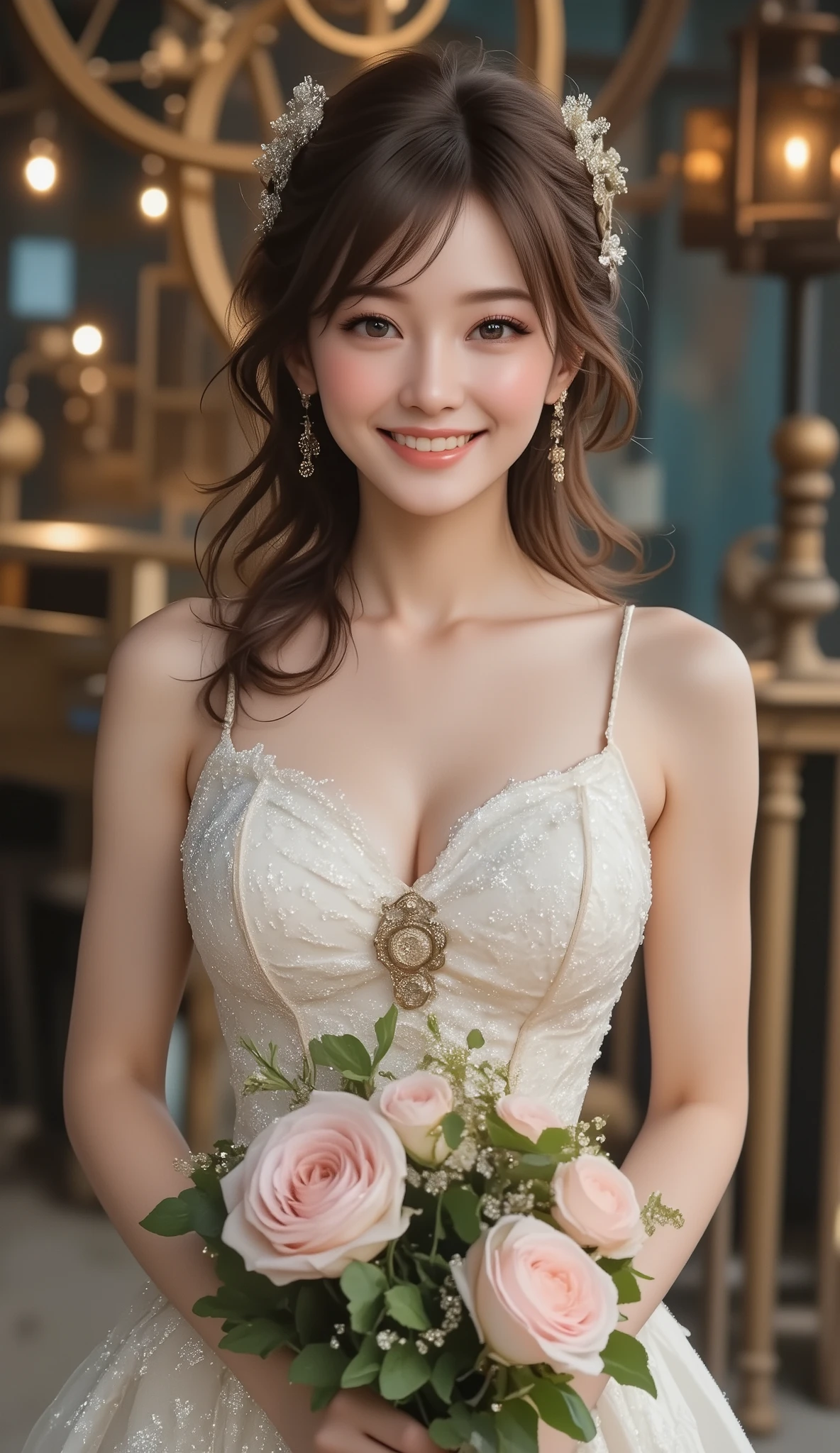 Top Quality, Super quality, 16K, unbelievably absurd, very detailed, 2.5D, delicate and dynamic, pretty woman, enchanting smile, pure white wedding dress, amazing style, bouquet, steampunk, DIESEL PUNK, clock punk , cyberpunk, Glitter effect