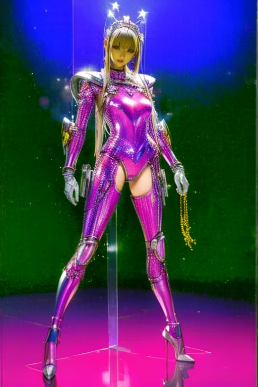 sexy, ensaio sensual, realistic, full body, solo, 1girl, mature female, dark skinned female, (gyaru, goth, bimbo), huge chest, long legs, huge thighs, huge calves, mature female, flat belly, abs, (colored skin, green skin, dark skin), tiny waist, narrow waist, white hair, glowing eyes, huge hips, thick lips, lipstick, longeyelashes, thin toned body, pink hair bow, (transparent plastic corset, high_waist_lpskirt, translucent hobble_lpskirt), extraarms, gotou airi, 1960s, detailed face, detailed body, luminescent eyes, black hair, glass platform heels