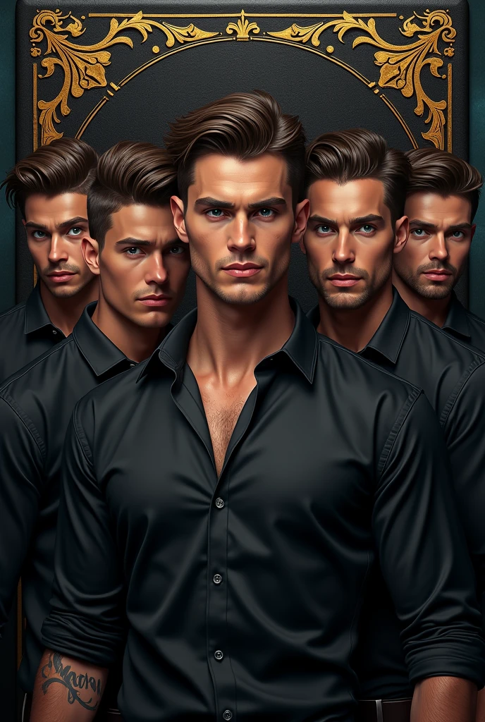 looking at viewer, smile, short hair, brown hair, navel, nipples, male focus, multiple boys, shorts, pants, indoors, window, muscular, facial hair, black pants, abs, from below, 3boys, tank top, pectorals, muscular male, bara, beard, large pectorals, bulge, topless male, realistic, manly, chest hair