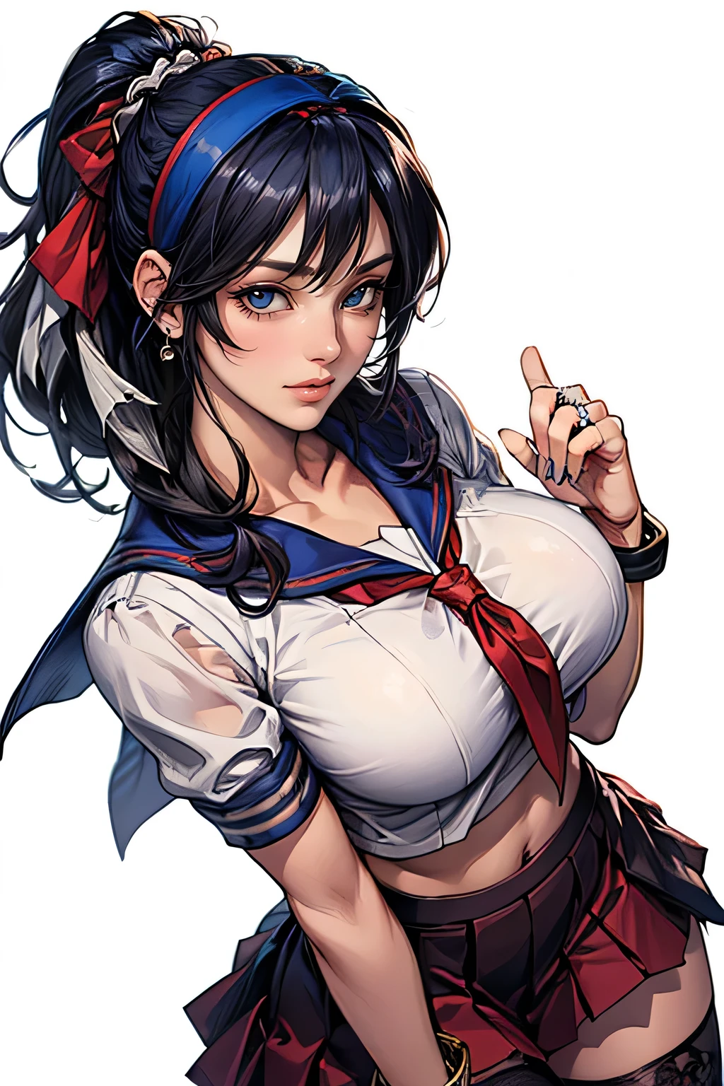 (Cowboy Shooting: 1.5), (white background, simple background: 1.5), (Great Performance:1.5), (Big Breasts: 1.5), (1 girl: 1.5), Young woman, ( beautiful girl:1.5), (very detailed and delicate anime face and eyes:1.5), whole body, ( natural light, HDR, Great detail of CG:1.3), (Vibrant Gesture: 1.3), {correct anatomy}, (hips wide: 1.3), (Perfect hands: 1.5),  single focus , toned body, Beautiful Lips, Thick Lips, {Surreal}, { correct posture }, {Minute Details}, { content by Detailed}, {Exquisite costume}, ( bright eyes : 1.3), (cleavage: 1.3), { accessories }, {sexy}, (School Uniform: 1.5), ( White Crop Top : 1.5), Short sleeves, (Dark red miniskirt: 1.5), (Pleated skirt: 1.3), (Black Stockings: 1.5),  black thigh-high stockings , Ballet Shoes, (hair ornament: 1.3), (Bracelet: 1.5), (: 1.3), ( ribbon tie : 1.3), (headband: 1.5), ears, (Amazing Smile: 1.5), (long hair: 1.5), (Two-tone hair: 1.5), ( blue hair coming in : 1.5), (half updo: 1.3), Shining Hair, ( bright eyes : 1.3),