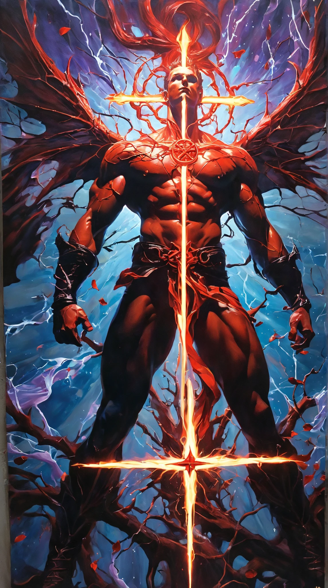 Stop Use these settings1man, Hellwalker, incombing death, hell, oozing thick yellow blood, (male body:1.6), 1 man, vascular networks growing, connecting, explanding, red veins everywhere, zdzislaw beksinski, (Muted colors:1.1), (Cross-hatching:1.1), (Infrared:1.2), ultra detailed, intricate, oil on canvas, ((dry brush, ultra sharp)), (surrealism:1.1), (disturbing:1.2), beksinski style painting, satanic cross, (full torso), full body in frame, centered body, (male:1.2), realistic, ((intricate details)), (pale gothic evil king), dynamic pose, perfect face, (realistic eyes), perfect eyes, ((dark gothic background)), sharp focus, neon black bloody veins growing and intertwining out of the darkness, oozing thick neon rainbow blood, veins growing and pumping blood, neon spider web, nailed wire, (Repetition:1.1), Rust, Hypercube, sparks, lensflare, rim lighting, backlighting, RTX, Post Processing, satanic cross, man body, muscular, venom costume, venom suit, centered body, symmetrical, satanic cross, antichrist, inverted cross, hdr
