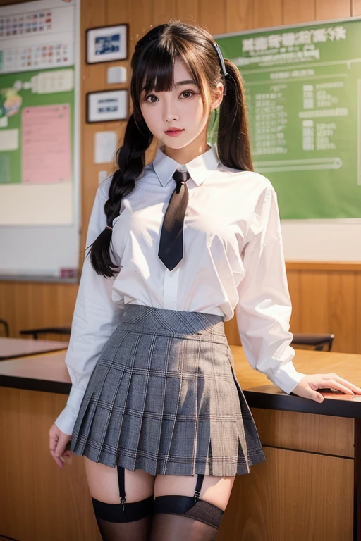 face is :9,3157126699], Realistic high school girl in uniform standing in front of the counter, 17 age、stature　159 cm,　Skirt and thighs、(Wearing black tights、Realistic tights)、japanese girl school uniform, Japan school uniform, wearing japanese school uniform, dressed as schoolgirl, a hyperrealistic schoolgirl, Realistic Schoolgirl, a hyperrealistic schoolgirl, JK Uniform, Cute Schoolgirl, Seifuku, Wearing school uniform、A smile、Raw photo, (in 8K、top-quality、​masterpiece:1.2)、(intricate detailes:1.4)、(Photorealsitic:1.4)、octane renderings、Complex 3D rendering ultra detail, Studio Soft Light, Rim Lights, vibrant detail, super detailing, realistic skin textures, Detail Face, Beautiful detail eyes, Very detailed CG Unity 16k wallpaper, make - up, (detailedbackground:1.2),　shinny skin、turned around、Exposed thighs!!!、