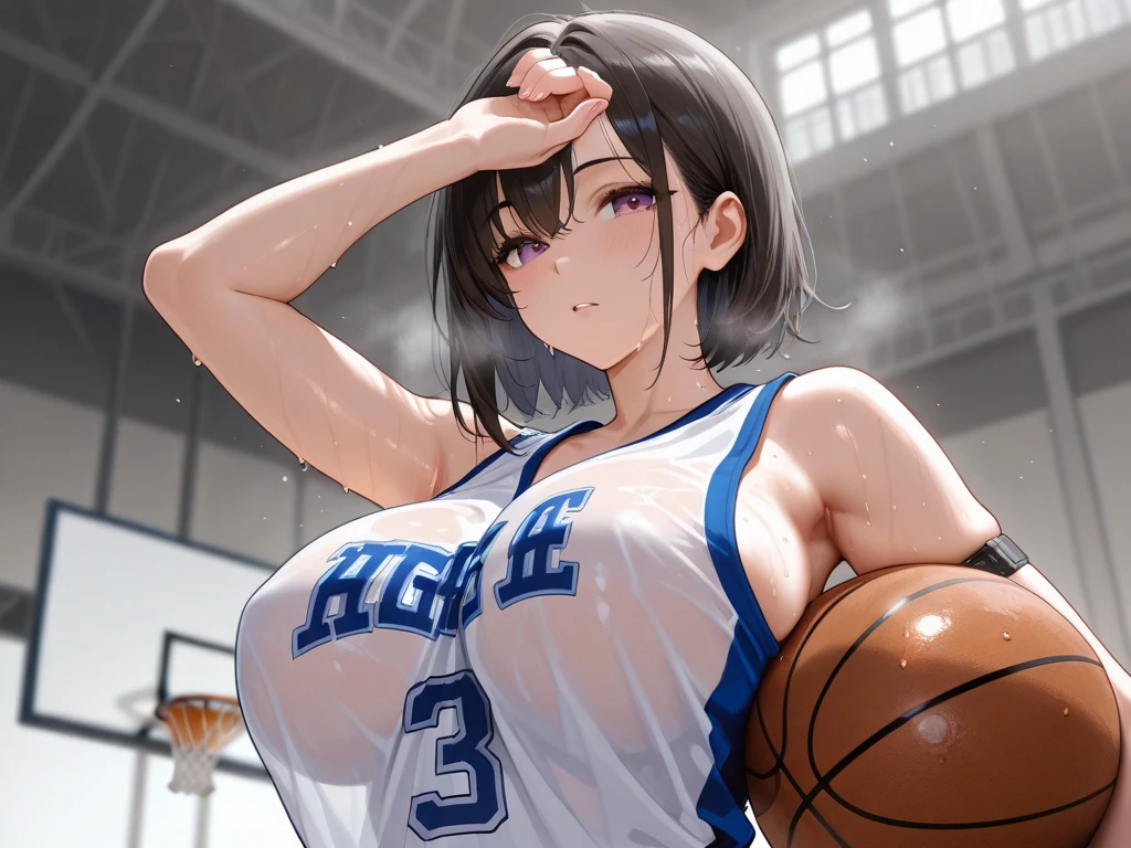 Descomunal tits mikasa, she has really big tits, she has a gym girl body, she is wearing a black transparent panty, she is wearing a lakers jersey, she is lying in a bed, she's wet.
