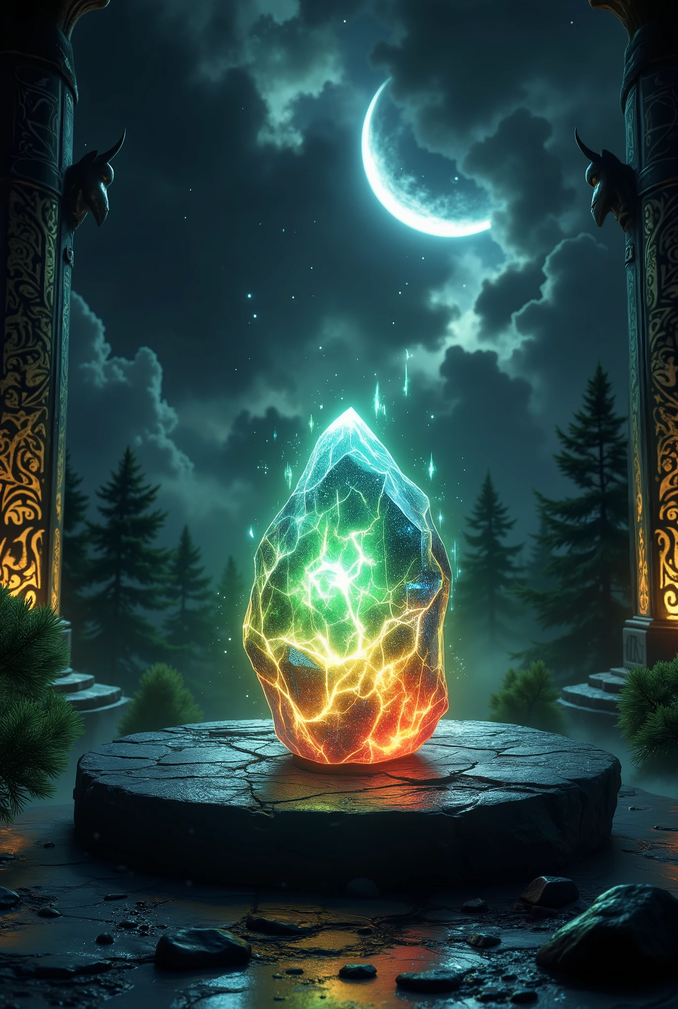 Stone on a black slab sparkling symbols on the stove rising to heaven, every drop is like a star, the stone burns in three colors from green to red and blue flames, patterned columns with unknown images of animals flow around, night moon phase semi eclipse, spruce bushes illuminated by light can be seen against the background of stones, Masterpiece, best quality, High quality, difficult details, 8 k, clearly, Exactly 8 k, fantasy style, Fantasy, rich colors, Exactly,
