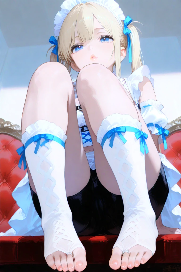 (masterpiece:1.3),((High resolution)),((high quality)),((Super detailed))、1 girl、perfect balance、perfect face、detailed face、cute face、beautiful詳細な目、Expressive eyes、cute eyes、shiny eyes、perfect body、beautiful体、Emma Aizawa,long hair、gradient hair、hair ornament、lace choker、black choker、bear shoulder、Chris Cross Halter、Blue Dress、frills、black ribbons、Black Gloves、thigh strap、((Stocking with only the right foot:1.3)) , ((fishnet)) 、((single thigh high)),(big breasts)、(head shot)、embarrassing、blush、beautiful女の子、cute face、beautiful顔、cute face、beautiful、best quality、good anatomy、smile、closed mouth、blush、Are standing、From above、(NSFW:1.3), ((full body)),((Super detailedな背景)), mistress pose, ((8k wallpaper)) , smile, blush, outdoor, Day, blue sky, empty, looking at the viewer, moody lighting, face-to-face audience、sitting、From above