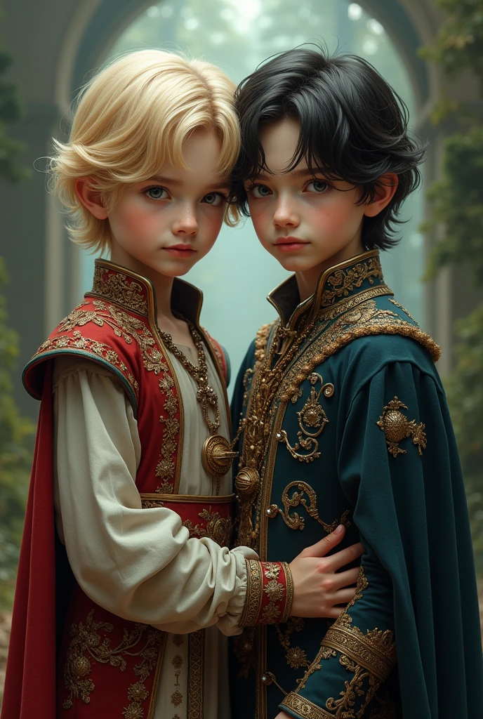 Cinnamon-skinned twin boys, Dark brown hair with little wavy hair and copper eyes with moles on their faces as well as slightly aquiline noses dressed in the clothes of Dornish princes