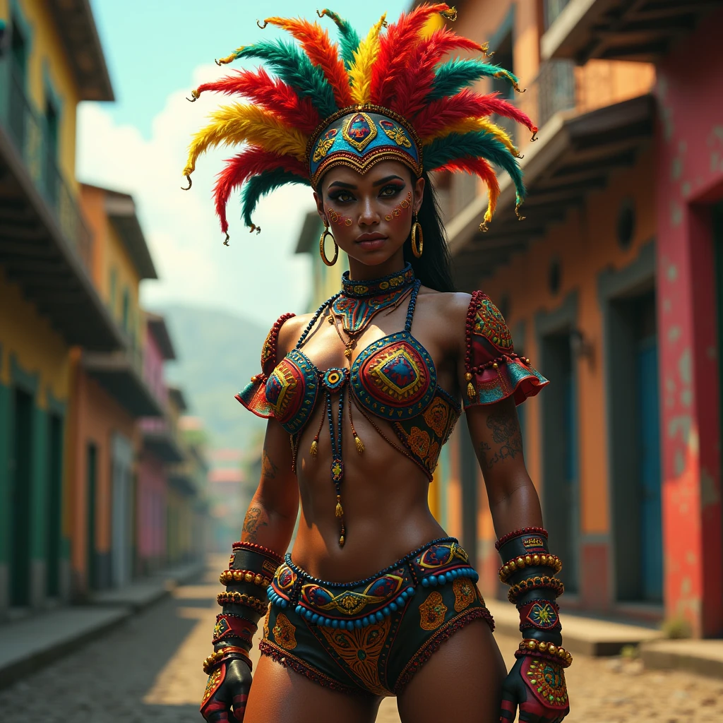 masterpiece, 8k uhd, crisp, hdr, vibrant colors, best quality, highly detailed, <lora:samba_dance_dress:0.4> happy woman wearing samba dance dress, empty street, colorful buildings, (looking at camera:1.2), (close up:1.2), (hidden hands:1.2)