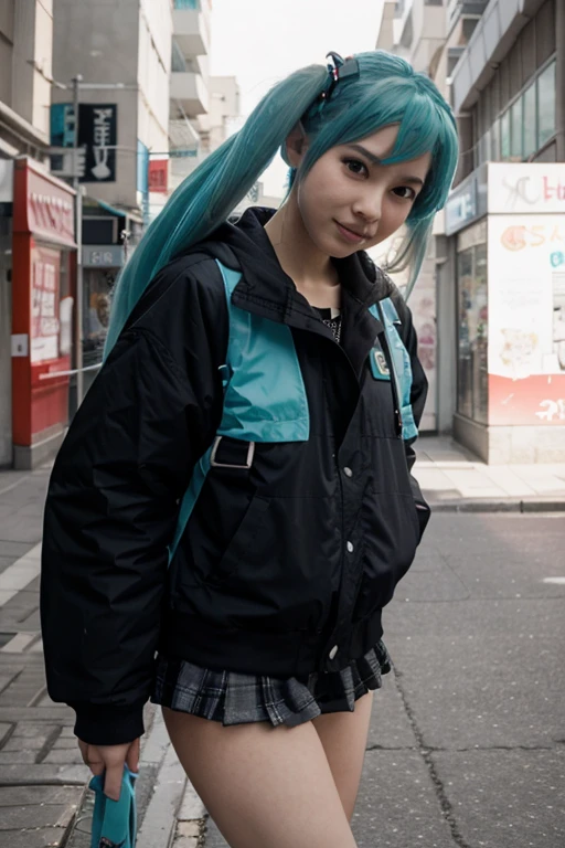 Beautiful white girl 8 year old child, with straight light blue hair long to the waist, com grandes olhos azuis bem juntos horizontalmente ao nariz,chorando, fofa,com bochechas rosadas, com jaqueta preta com simbolo do bitcoin dourado na jaqueta preta,camisa preta,de batom vermelho,lente 55 mm abertura f/1.5,de corpo inteiro,with blurred background of an urban city at night full of illuminated buildings, and poles with blue and red lighting