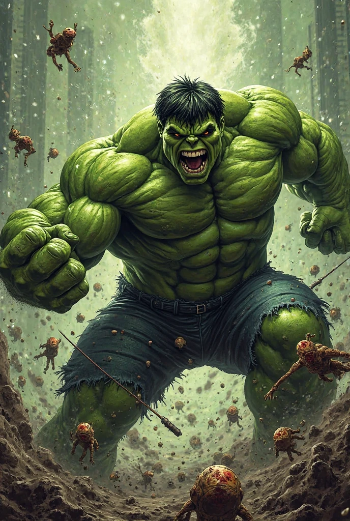 Zombie Hulk is a burly green-skinned creature with huge muscles and thick skin.. Their skin is pale green and covered in bite marks., scratches and other wounds. His eyes are sunken and bloodshot, y sus dientes son afilados y dentados. It also has a strong smell of decay..