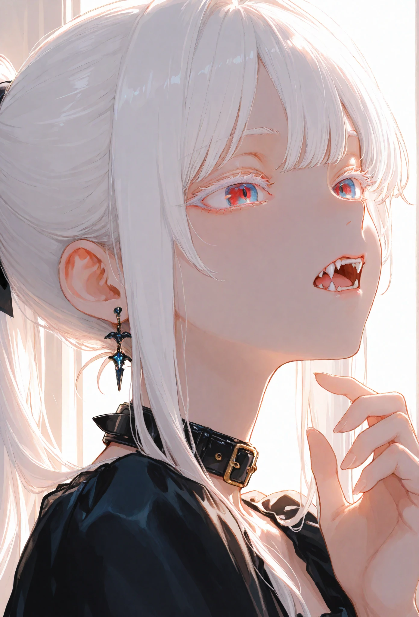 Girl, blushing, horns, claws, white hair, blue eyes, eating, cream, hot, lipgloss, demon, fluffy hair, cream on face, oral, innocent
