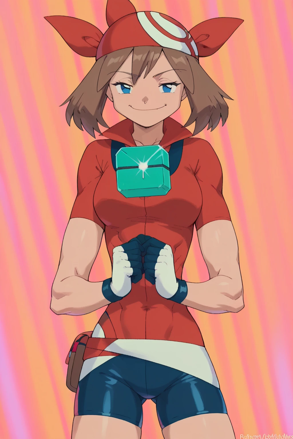 score_9, score_8_up, score_7_up, score_6_up, BREAK,
pokemonmay, solo, blue eyes, brown hair, short hair, torso,
red bandana, red shirt, short sleeves, gloves, black shorts, open shirt, smug smile,
gigantic bust, toned, muscles, hourglass body,