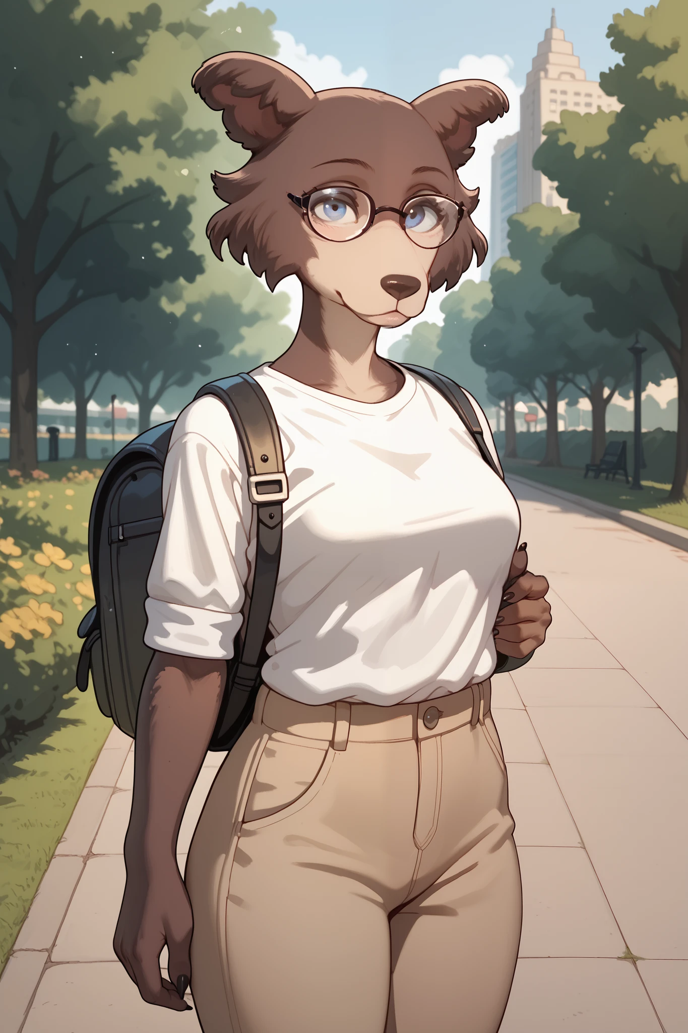 in front of the viewer, Park, Anthropomorphic wolf girl, brown fur, shirt, pants, backpack, eyeglasses ,