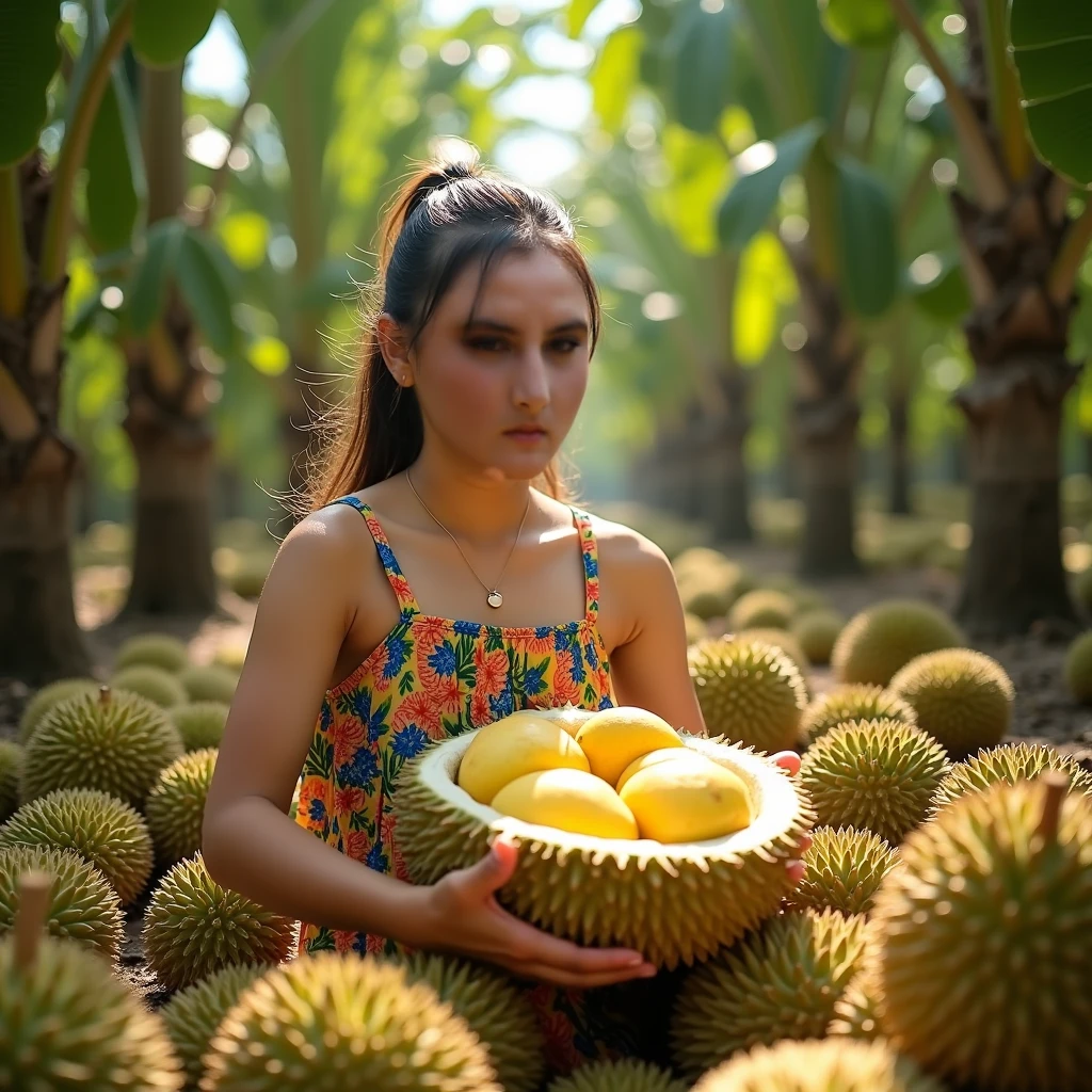 a girl picking a lot of ripe durian fruits, in a durian orchard, enjoying the sweet aroma and tasting the delicious flesh, surrounded by tall durian trees, with their spiky exteriors and thick green leaves, under the bright sunlight. The girl is wearing a colorful dress, with a big smile on her face, holding a basket full of durian. The scene is captured with high-quality, ultra-detailed realism and vibrant colors, showcasing the beauty of the durian orchard. The artwork is presented in a photorealistic style, with sharp focus and vivid colors, highlighting the texture of the durian skin and the juicy flesh inside. The overall color tone is warm and vibrant, with a touch of green to represent the lushness of the orchard. The lighting is natural, with sunlight casting shadows on the ground and creating a play of light and shadow on the durian fruits and leaves. The scene is filled with the sweet aroma of durian, creating an immersive and sensory experience for the viewer.