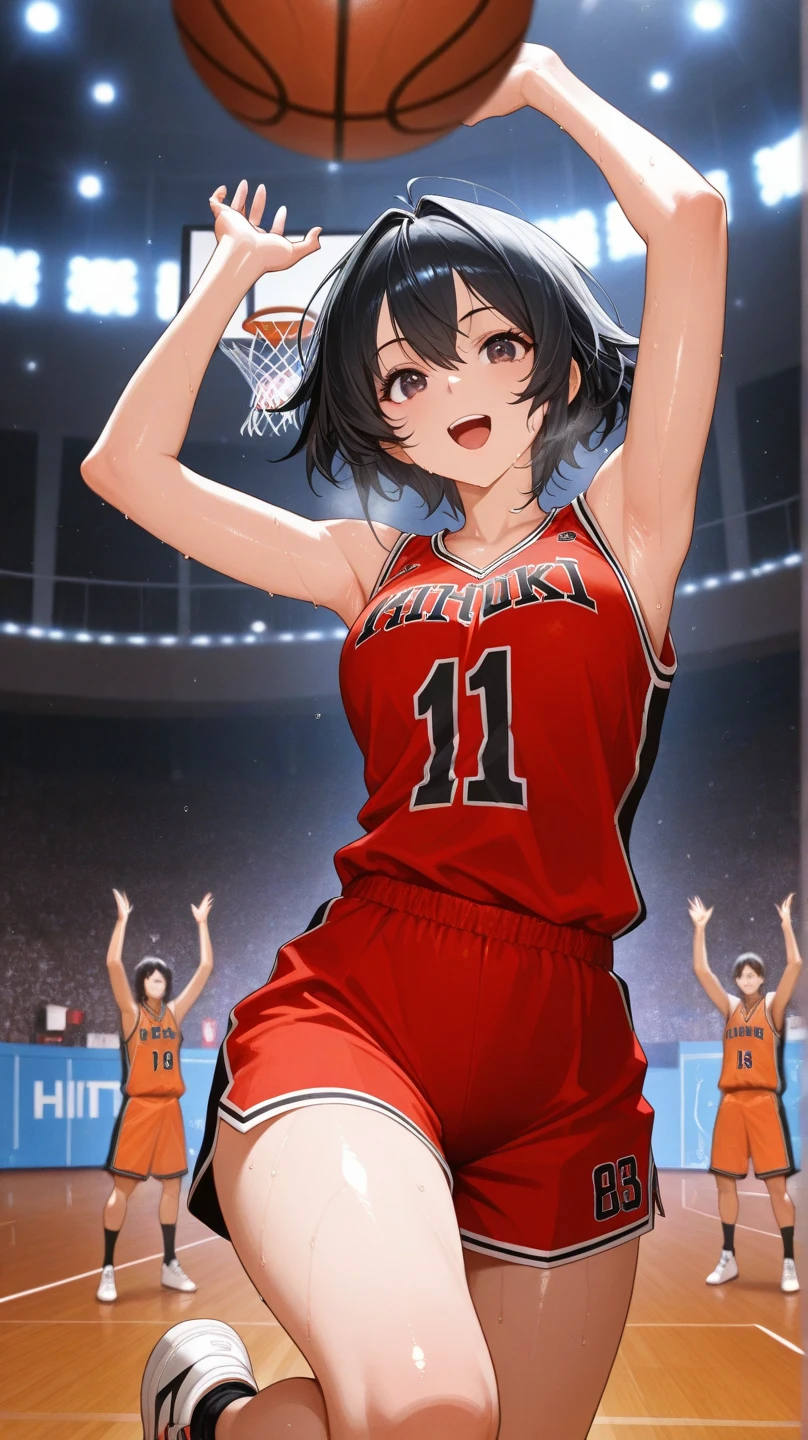 Best Quality, masutepiece, High resolution, (Anime Heroine Illustration), Anime Paint, 1beautiful girl ,Dynamic Angle,Female basketball players ,small head,Large breasts,Smart body,nice legs, Glowing skin, Sweat,At the basketball venue ,(Detailed beautiful face:1.4),detailed skins,Detailed eyes,detailed hairs,Detailed beautiful legs,