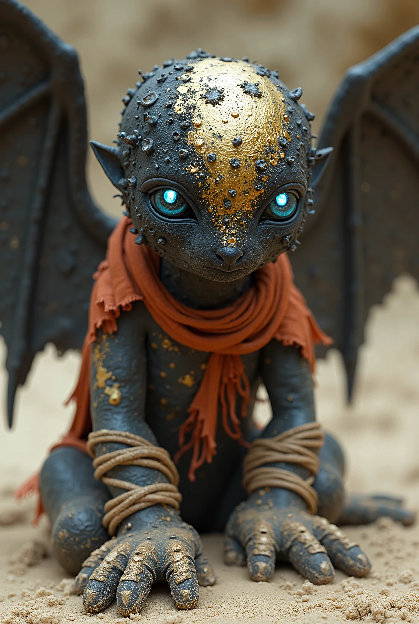 Prevail A masterpiece of a creature with wings, made in the style of surrealistic realism.  Difficult textured head,  with sharp , downward eyes, emitting white and blue light. The body texture resembles bubbles, covered with crumbling, like dust, with black substance. body, consisting of gold and red shades, partially hidden by torn rags, tied with vine-shaped ropes.  Feet — huge, half-dry, with fingers of different shapes, as if out of sand.  wings,  carved , are carefully designed.  8K detail, high definition and maximum image quality.  Smoothed noises,  fast tone transitions.  Warm tones of gold and red, contrasting with black dust and sandy-colored legs.   Composition : Medium plan, focus on the creature's body.  Light falls from above , emphasizing the texture and shape.  Material:  stone or ceramic base,  rough cloth rags.  Background — undefined,  soft, sandy.  The atmosphere is mysterious,   hair mystical ,  with a note of anxiety.  Style — biomechanics,  Surrealism,  fantasy.  camera:  Medium plan,  depth of field high, style of Evil,  epic, 8 k, creepy creature,