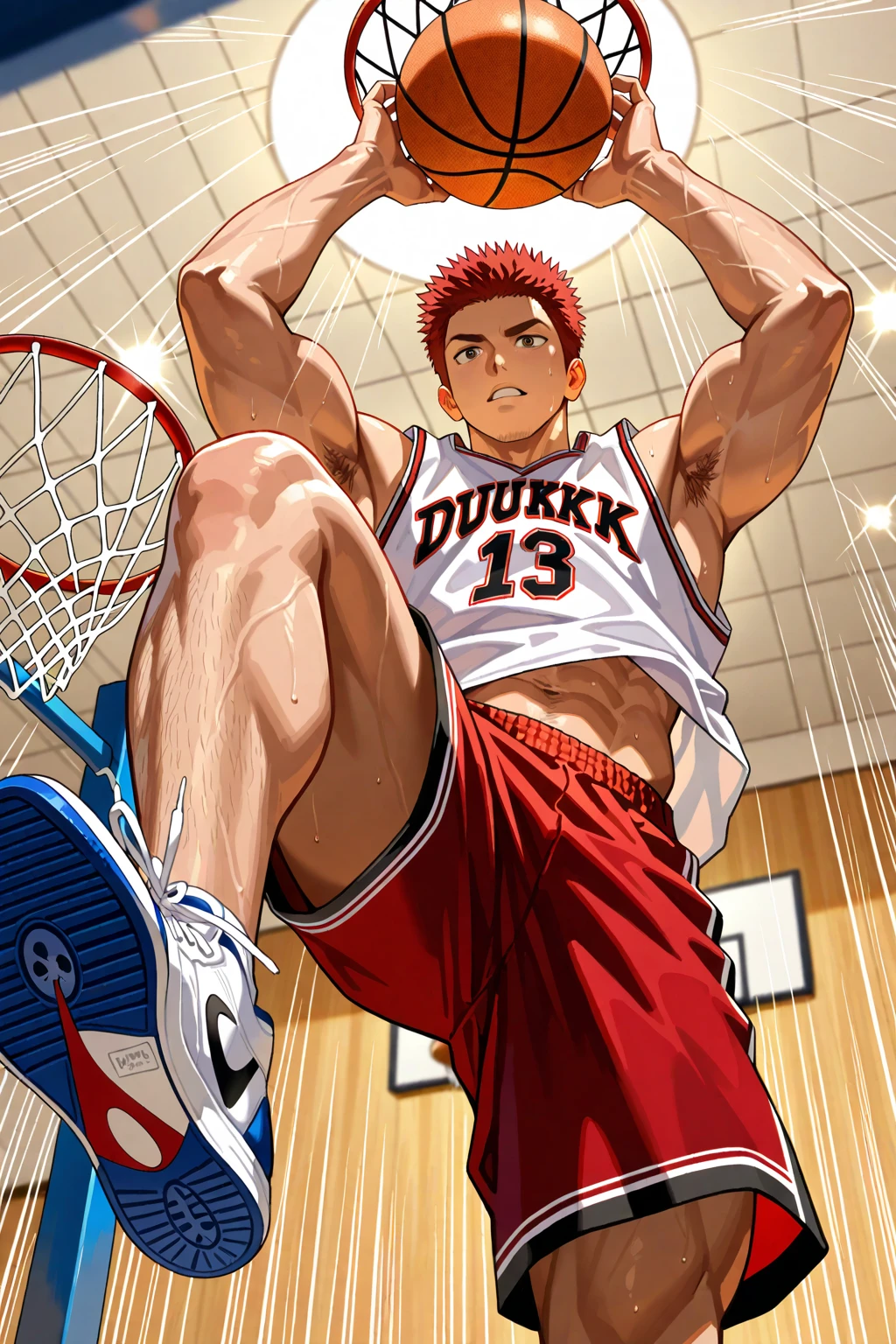 Male, Masculine, Hirsute, Red hair, European, flex, Pale skin, Sweat, basketball player, Hold a basketball, full bodyesbian, Barefoot, big feet, White socks, Playing basketball, Solo, 1 man, Jumps,wearing only his underwear, Naked, Topless