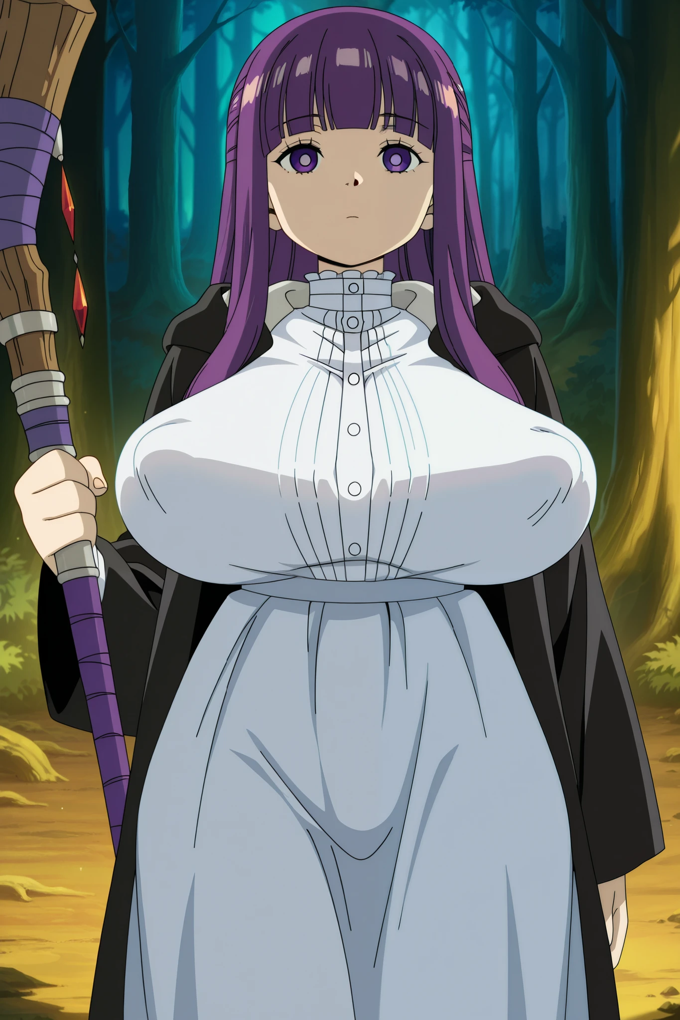 (anime screencap), detailed anime girl, fern (sousou no frieren), huge breasts, banana breasts, holding magical staff, slutty clothes, intricate fantasy forest background, moody lighting, epic fantasy, digital art, 8K, HDR, professional illustration, vibrant colors, dramatic shadows