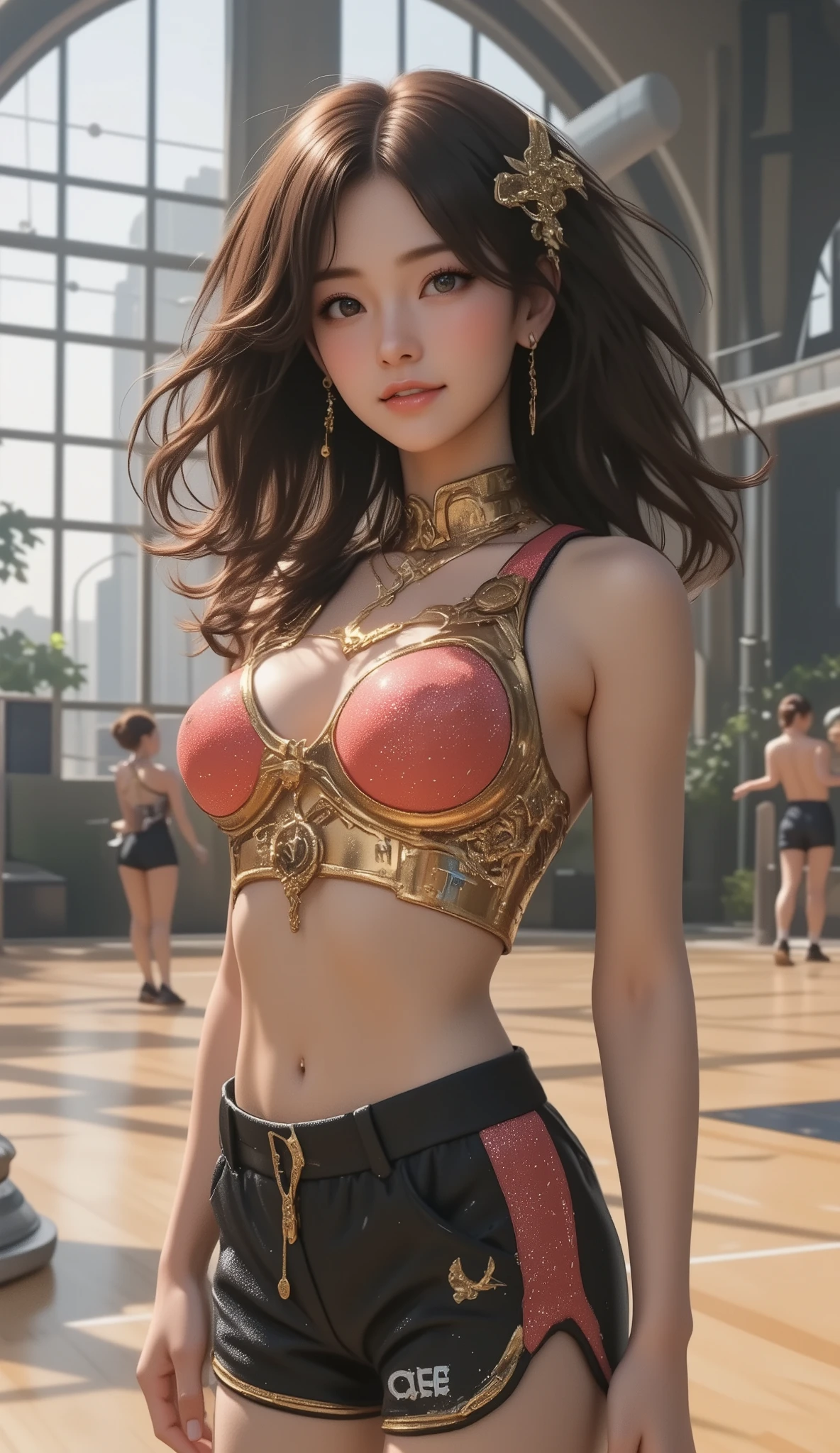Top Quality, Super quality, 16K, unbelievably absurd, very detailed, 2.5D, delicate and dynamic, pretty woman, enchanting smile, (sexy women's basket ball player:1.7), amazing style, (basketball games where teams are competing:1.5), steampunk, DIESEL PUNK,  clock punk , cyberpunk, Glitter effect

