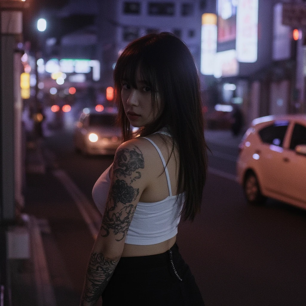 Beautiful sensual and erotic woman with a curvy body, long full black hair, bangs, twintail, widest waist, thicc, beautiful fitting breasts, curvy accentuated booty, detailed sparkling olive green eyes, long eyelashes, light smile, thick thighs, Strong calves, taniaayusiregar, It is night, it is raining, busy street in tokyo, people are not recognizable, she stands in front of a Bus stop, She wears a dope skirt with an open cardigan, having fun, cardigan is black, skirt is dark blue, photorealistic, Masterpiece, bokeh, Volumetric lighting, low light, sensual atmosphere, close up shot, front view, ((Detailed texture of tattooed skin)), tattoo round breasts, irezumi tattoo style, tattoo on breasts, tttattoo, showing her thigh , tattoo on thigh, a close up of a woman with tattoos on her body, inked, tattooed body, fully tattooed body, tattooed, full-body tattoos, full - body tattoos, , full body tattoo, with tattoos, , tattoos, tattoos all over the skin, tattoos and piercings, ((Neka: 0.45)) LoRA, {{Big brother's tattooed woman Iremuzi tattoo style v1.0: 0.91}}