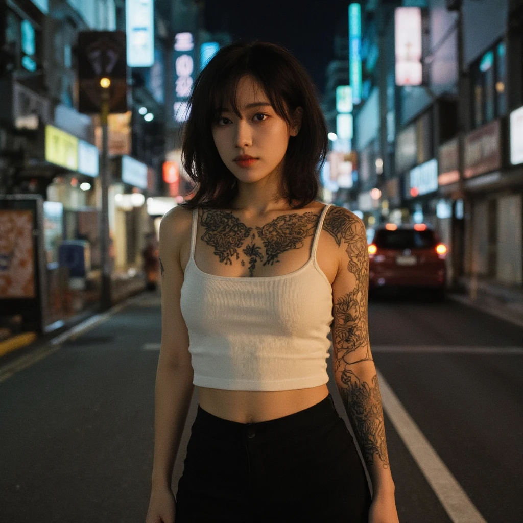 (Highest quality),masterpiece,Very detailed,8K, Ultra-high resolution,Beautiful woman,Japanese women,Expressionless,whole body,((tattoo)),slim,Black slacks,White tank top,(Female Mafia),gang,(Cyberpunk City),night,Cinematic lighting,underworld