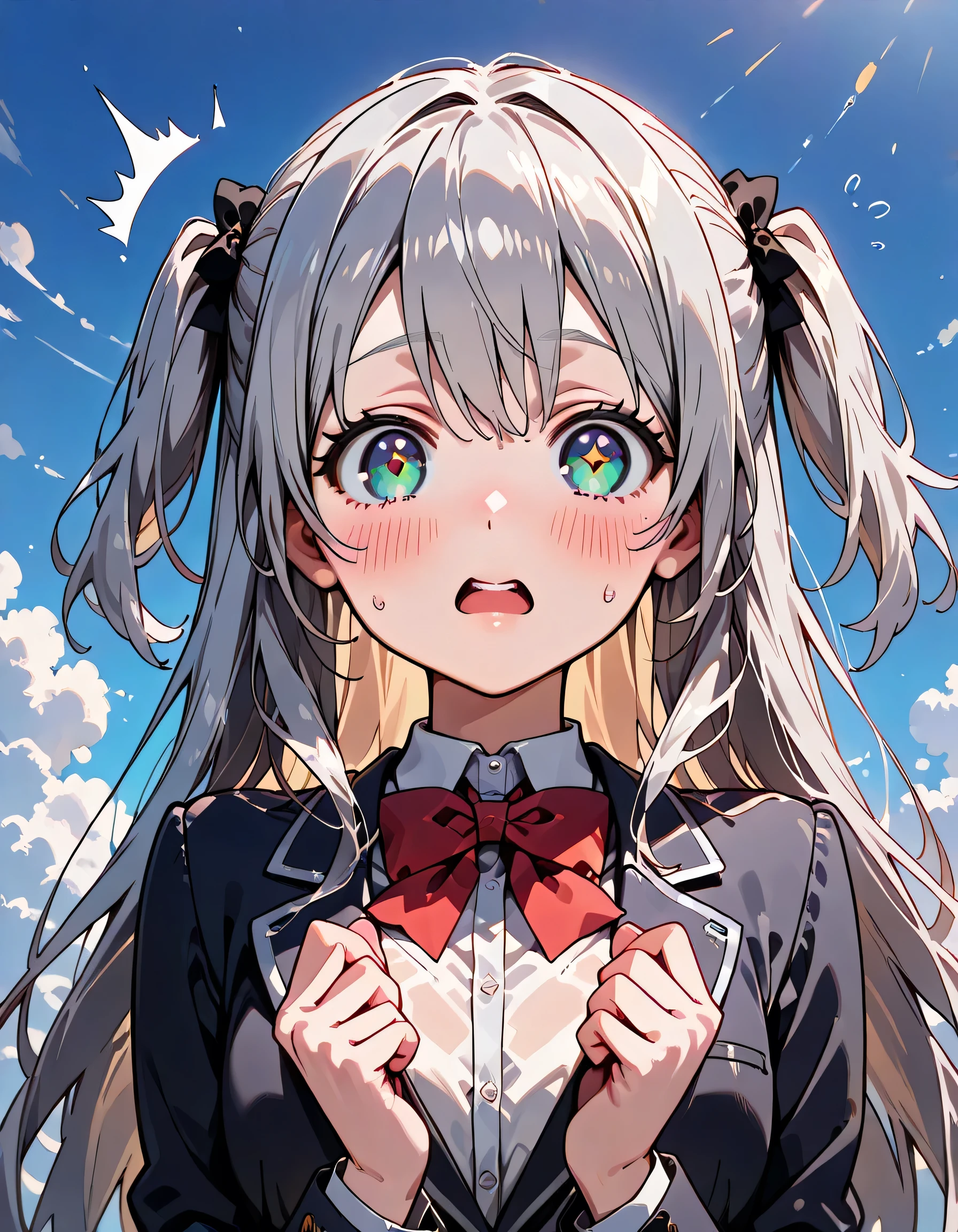 ((ultra-detailed)), (highly detailed CG illustration), (best quality:1.2), ultra-highly detailed, colorful composition, artistic photoshoot, 1girl, solo focus, ((upper body:1.4)), moe anime character, age girl, dainty facial structure, (baby face), (round face), ((rounded chin:1.2)), (blue eyes), sparkle eyes, ((silver hair color:1.4)), ((two side up)), ((fluttering hair)), school uniform, navy blue blazer, modern style with fitted jacket, red neck bow, ((surprised:1.6)), ((blush:1.4)), ((looking viewer)), ((wet:1.4)), ((Sweat:1.4)), ((Blue sky and clouds background)), from front, best quality, masterpiece, expecting, pink cheek, blush, light pink gloss slip, portrait, depth of field, soft lighting, sidelighting, (shine), lighting, caustics, ray tracing, perfect face, lustrous skin, highly detailed face, perfect face, perfect nose, perfect hair, perfect anatomy, beautiful hair, beautiful small face, extremely detailed face, beautiful clavicle, beautiful body, beautiful ample breasts, leavage, breasts squeezed together, equalize the size of the left and right breasts, beautiful fingers, 4 fingers, 1 thumb, lovely, (very detailed background:1.0), (highly detailed background:1.0), spring aesthetic, intricate details, joyful atmosphere, spring colors palette, chromatic aberration