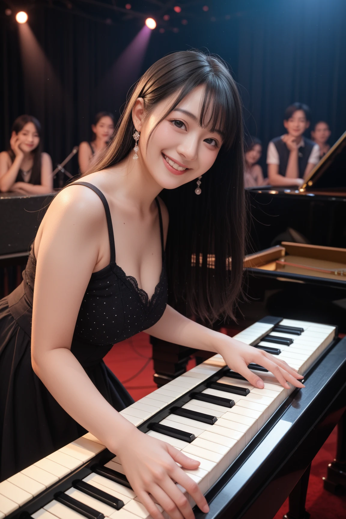 TOP quality,8K, masterpiece, (realistic:1.2), (1girl:1.2), 20yo,(laugh:1.5),(tight mini dress),(piano),(street)