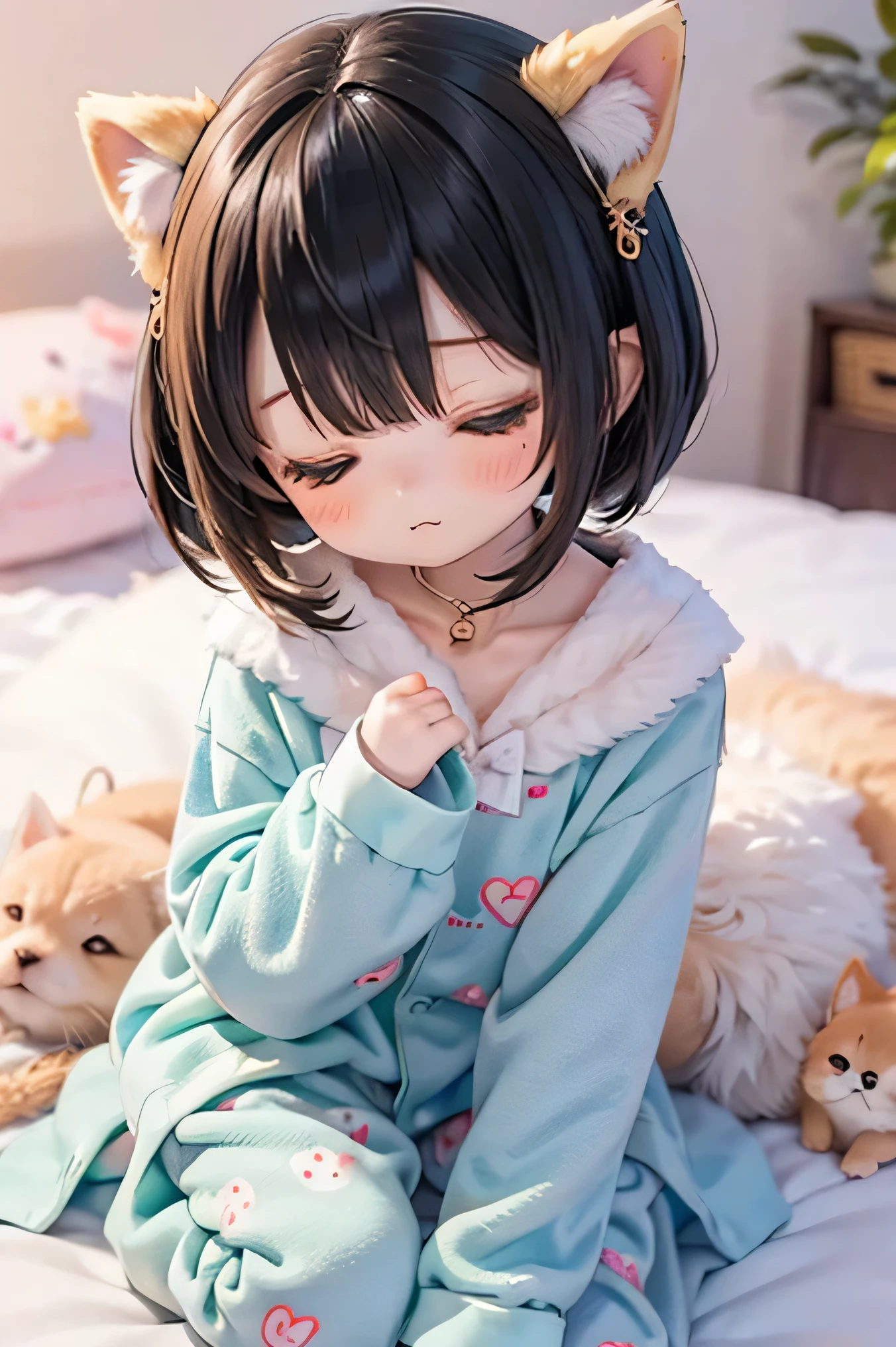Shiba Inu girl sleeping in chibi pajamas、Girls sleeping in bed