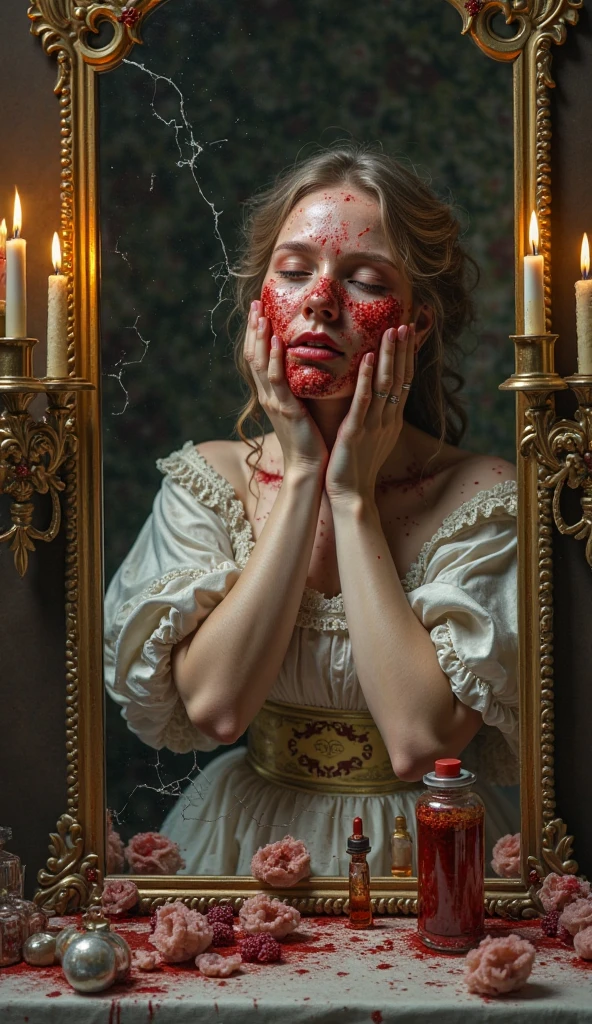 A majestic princess in a once-beautiful palace, now suffering from a debilitating skin disease. Her skin is riddled with severe rashes, open sores, and stinking boils. The atmosphere is haunting and cinematic, with dark and moody lighting that highlights the contrast between her former grace and current plight. The image should be dynamic, detailed, and in ultra-high-definition, emphasizing the dramatic change in her appearance.
