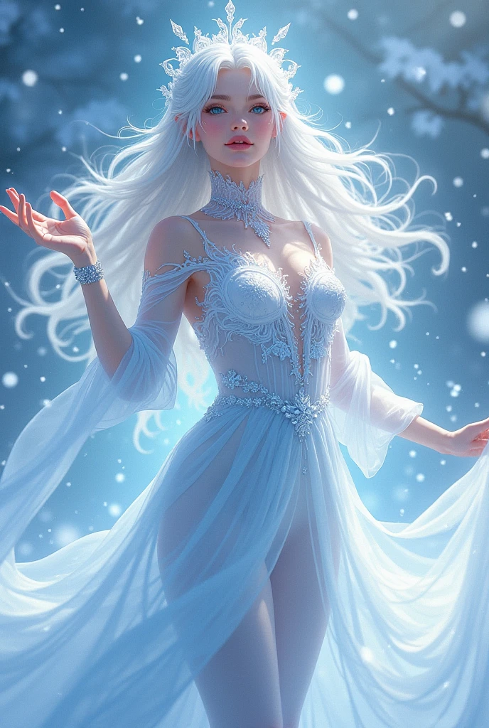 (1/2 photos:1.5)wood, Exquisite mini ice spikes and crystals, A frozen waterfall in the background, Light reflected by ice crystals, Flowing snowflakes.1 girl、pretty girl,A realistic person,((small breasts)),Thin legs、Tight waist、standing