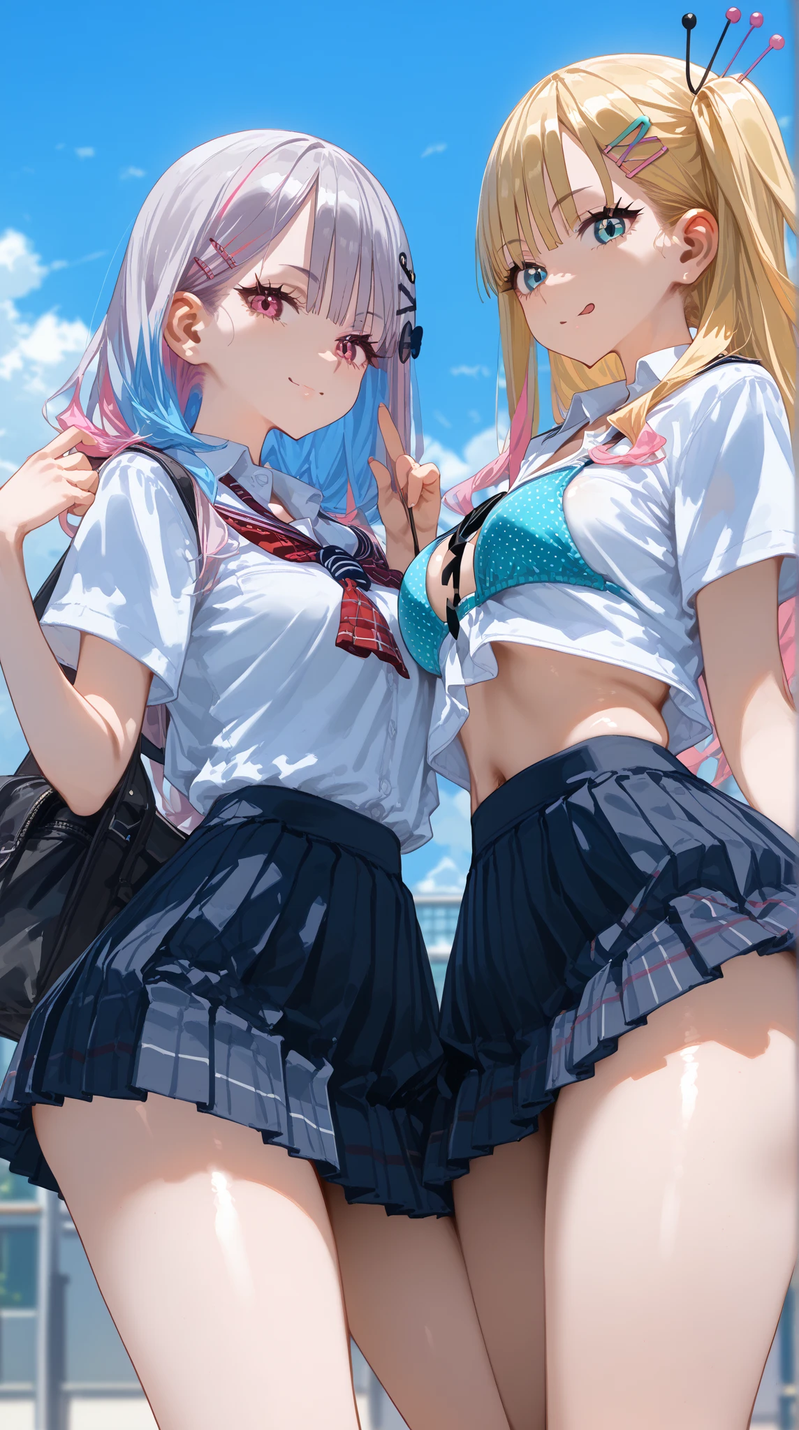 high quality、((((two girls))))、(((primary school student)))、cute hairstyle、cute hair dye、cute colorful frilly kids dress、amusement park、naked、 ((Cute colorful panties are fully visible))