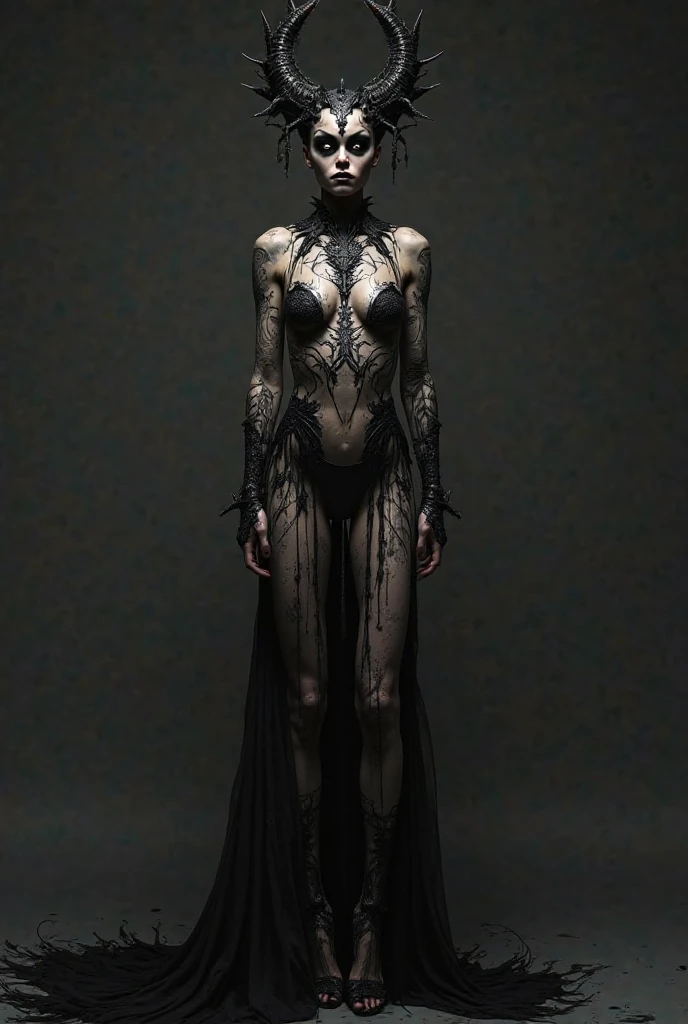 Envision a fashion spectacle inhabited by a female entity of the abyss, draped in nightmarish couture, commanding the runway. Let her anatomy be a fascinating and grotesque puzzle, influenced by surrealism and neo-expressionism, bending the known laws of biology and inviting horror. Paint her form as a devilcore masterpiece, her limbs an abstract narrative of shadows and contorted forms. Pull the aesthetics from the realms of bio-art, incorporating sinister elements of life science that blur the line between natural and unnatural. She is the epitome of terror, yet embodies an eerie allure. Let the undefined shapes of her anatomy become a love letter to all things chilling, making the viewers' skin crawl with equal parts fear and fascination. An anatomical anomaly, she is the embodiment of a demonic fashion week. (Masterpiece, Best Quality, Highres:1.4), (Detailed, Intricate Details, 4K)