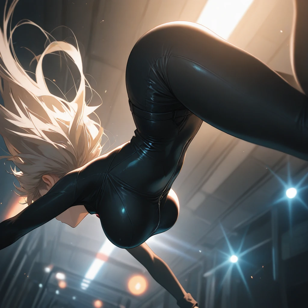 Dancer, vigorous figure, straight chest, tall, long legs, thin and transparent tights, {{huge_breast}}, {{latex}}, {{glossy}}, {slim}, fair skin, {black_stockings}, supreme detail, slightly curly hair, long bangs, white hair, open clothes, dance practice room, pole dancing, enchanting dance, flying hair