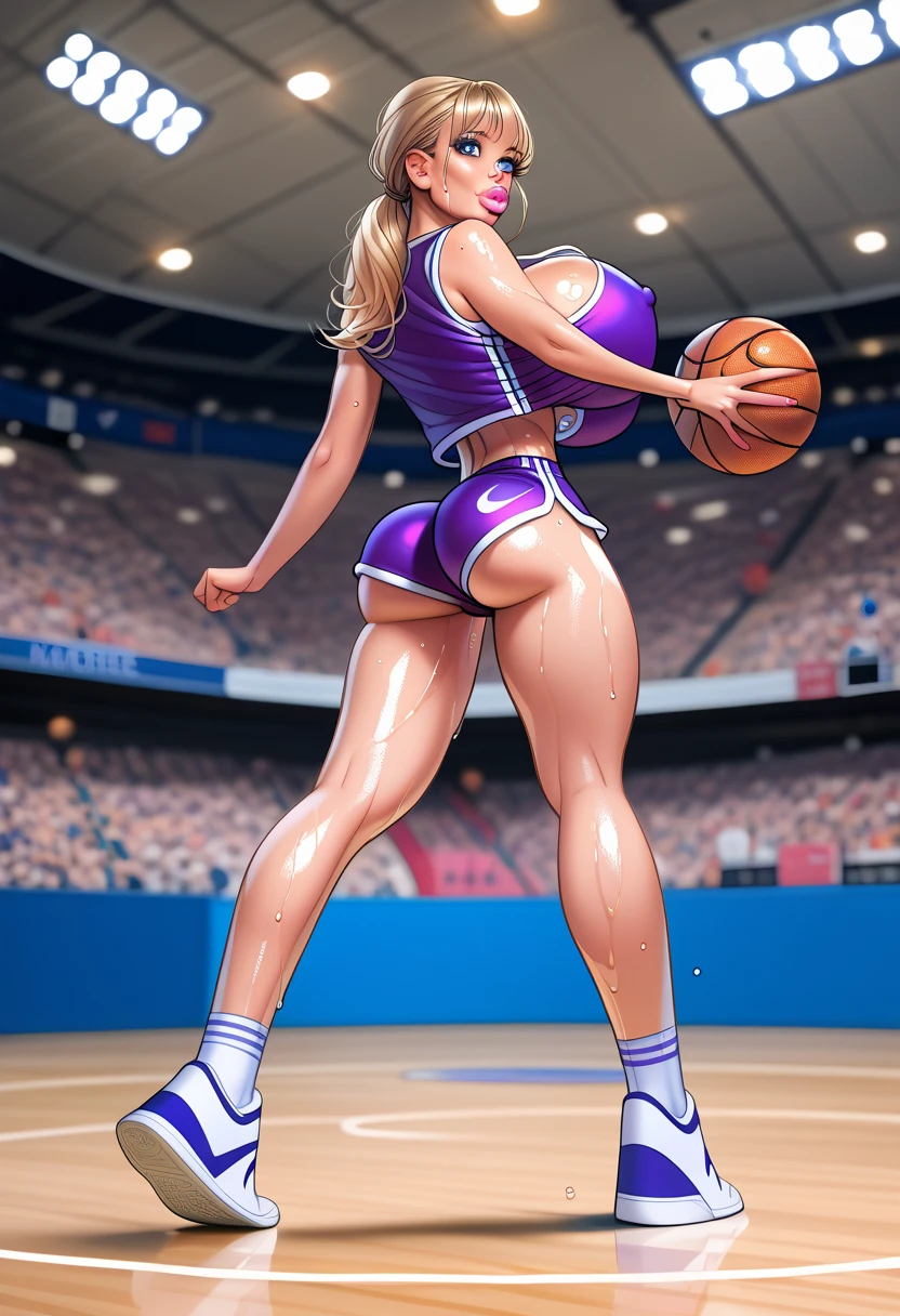 A highly detailed pov illustration of Lola Bunny standing tall over viewer, facesitting pov, (((female, bunny, young, fit)), looking at viewer, viewed from front, (detailed eyes, ultra detailed eyes), smug grin, sexual, aroused, standing over viewer, viewed from below, low-angle perspective, dutch shot, close-up, ((detailed cameltoe, tight shorts, baggy basketball top)) mons visible, inguinal crease, legs spread, hands on hips, showing off body, ((sexual pose)), (detailed fur texture, detailed fur), detailed background, locker room, by sandra chevrier and greg rutkowski and wlop, bright light, digital art, highly detailed, fine detail, intricate, ornate, complex, octane render, unreal engine, photorealistic, 8k, 16k,