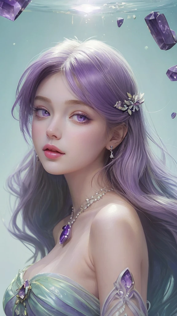 White long hair, translucent skin, single, beauty, face shadow, facial highlight, black eyes, drooping eyes, gradient eyes, long and seductive eyelashes, (rich colors), (delicate makeup), (smile), (sexy full mouth), eye light, (high-gloss eye shadow), (fluffy straight hair), delicate face portrayal, film light effects, layers, 18k, master masterpiece, extreme details, rich colors, (hair decorated with purple flowers) (wearing a white long dress), ( The background is an ancient shrine full of purple flowers), with purple flowers on her wrist (a golden light hit her), peerless beauty, detailed description of hair, thick eyelashes, delicate light and shadow, straight and small nose, eye description, (messy hair), golden ratio facial features, HD, luminescence, 8k resolution, super high resolution, higher quality, purple flowers, temple, sunlight, --niji 5