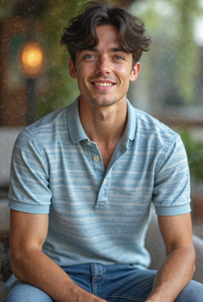 One Caucasian young man, short curly hair, full body shoot, on terrace, filmy grain, realistic, photorealistic, hyper-realistic, candid pose, slight smile, wearing casual clothes
