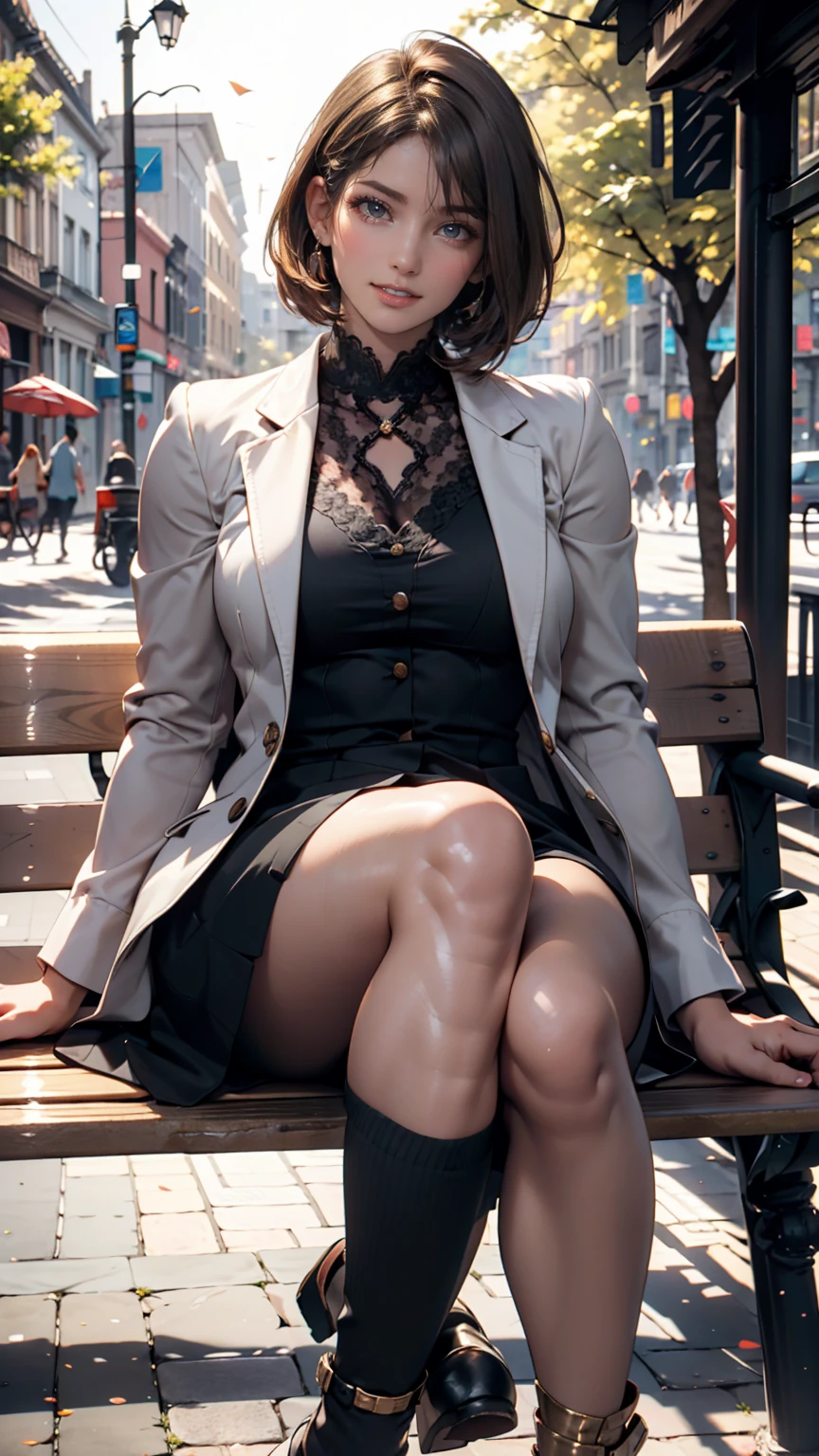 A tall 30-year-old giant crouches on a city street, Highly detailed photo of a beautiful model, Beautiful giantess crouched, sexy dominant pose, Seductive and well-behaved smile,Realistic painting style,NSFW,Black color hair,pony tails,No bangs,Show forehead,The face of a classical Chinese beauty,wears glasses,(no top dress)(fullbody naked)(Naked body)(Bright fair skin)(Not wearing a bra)(Upper body completely naked)( revealing breasts)(Protruding )(tonedbody)(There are muscle lines)(Protruding breasts)(nice breasts)(camel-toe)(Vulvar shape)(No skirt)(pantyless)(Vaginal exposure)(There is pubic hair)(beautifullegs)(Wear 16cm high pointed toe black high heels)Background city bustling streets