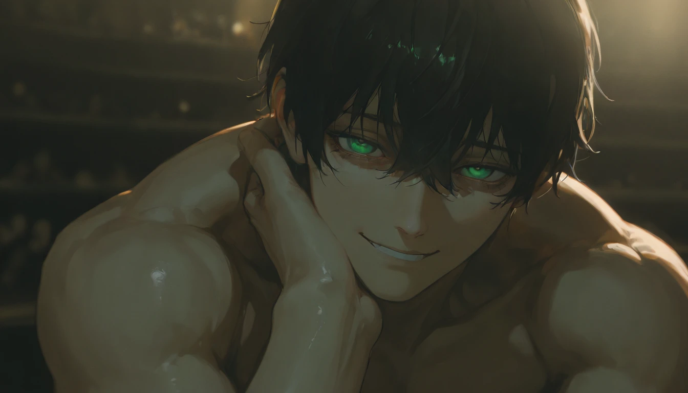 masterpiece, best quality, high quality, anime style, 1boy, boy, solo, male focus, cute face, adorable, looking at viewer, upper body, yuno, (shirtless, topless, bare chest), black hair, yellow eyes, hair between eyes, (armpit, show his armpit,)