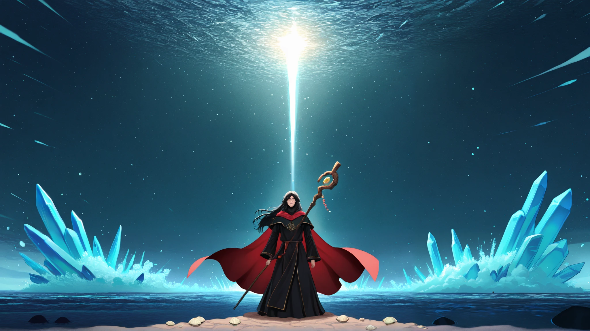 A majestic illustration of Moses, a man of powerful presence, with a long beard and flowing black hair, wearing a black robe with gold trim and a red cape that billows in the wind. He stands facing the viewer, holding a wooden staff. In front of him, the Sea is divided into two huge columns of water, forming a dry path in the middle, with walls of crystal clear water rising on either side, full of foam and movement. The sky above is illuminated by a divine glow, and the ground of the path is sandy, with small details of shells and stones. The style is epic digital art, with vibrant colors and a sense of grandeur, capturing the miracle of the parting of the Sea.