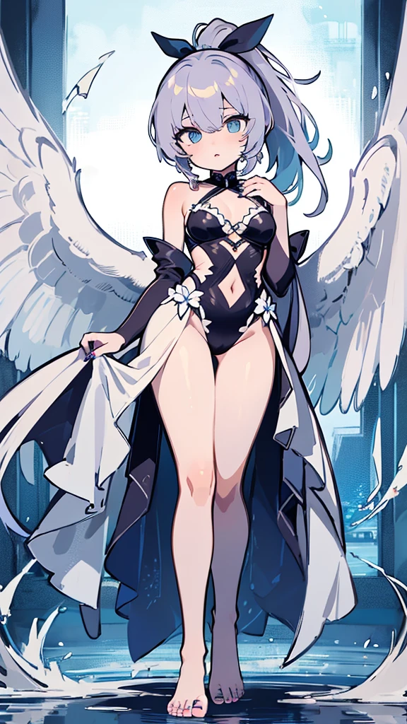 Remilia toho character, (solo:1.2), (standing on deck of mansion:1.1), a full moon, midnight, BREAK, short hair, collarbone, (very perky large breasts), (emphasize cleavage), (inconceivably thin waist:1.3), (very short thin torso:1.2), very long (thin legs), emphasize thigh gap, BREAK, white dress with (plunging neckline), (brown wiry corset cinches waist too tight:1.4), (too short white miniskirt), (light blue thighhighs), BREAK, nose blush