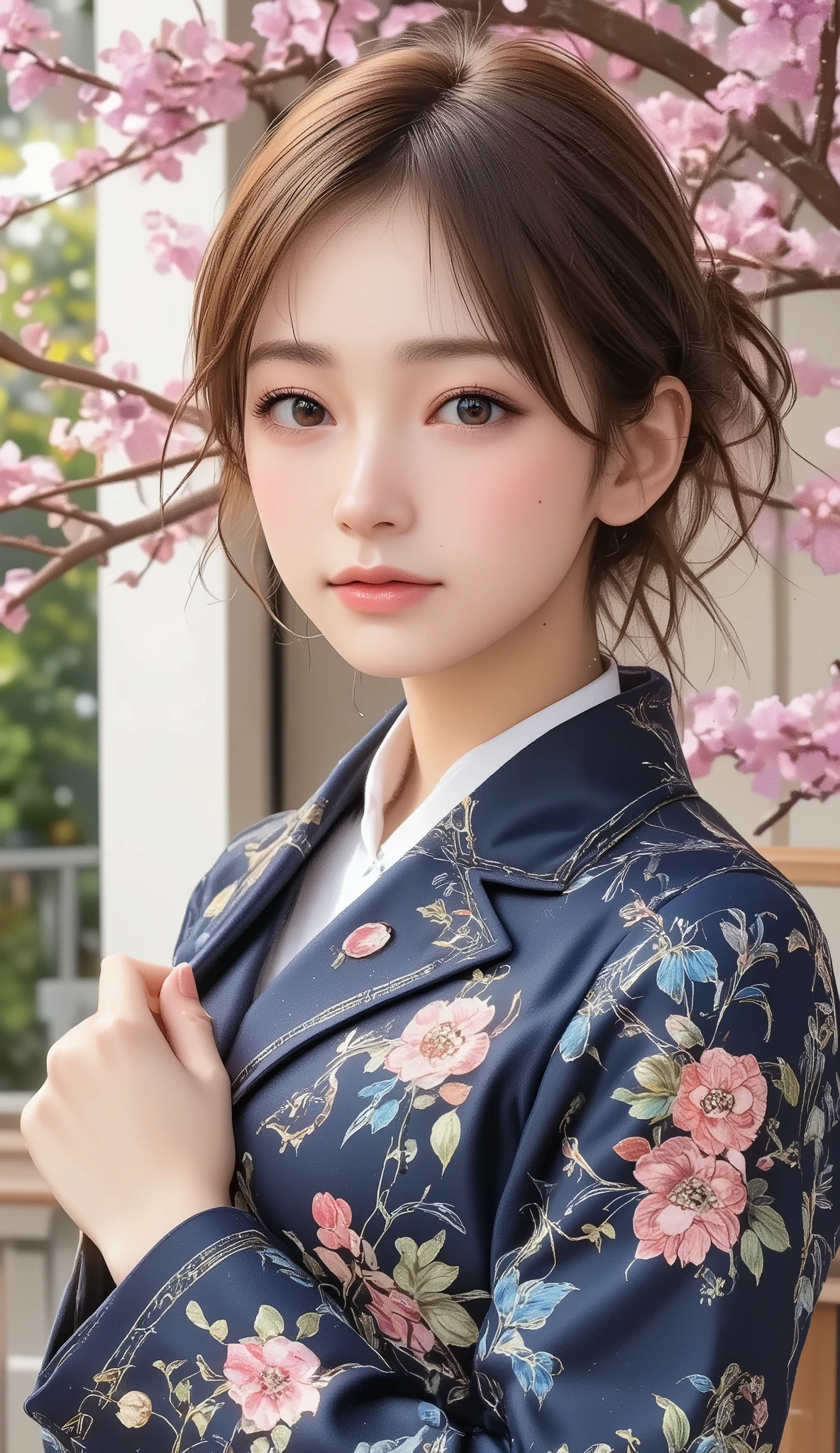Woman holding a Japanese umbrella , Nishijin Textile Kimono , Japanese painting style , BEAUTIFUL ANIME STYLE PORTRAIT, Extra , detailed portraits of anime girls , Beautiful Anime Portrait , BEAUTIFUL ANIME WOMAN , digital animated illustration, Anime Style Portrait , Additional Art ,realistic, beautiful anime girl showing naked skin, anime-style digital art , animated illustration, ponytail, Navy Blue Kimono , Background is Sakura Fubuki