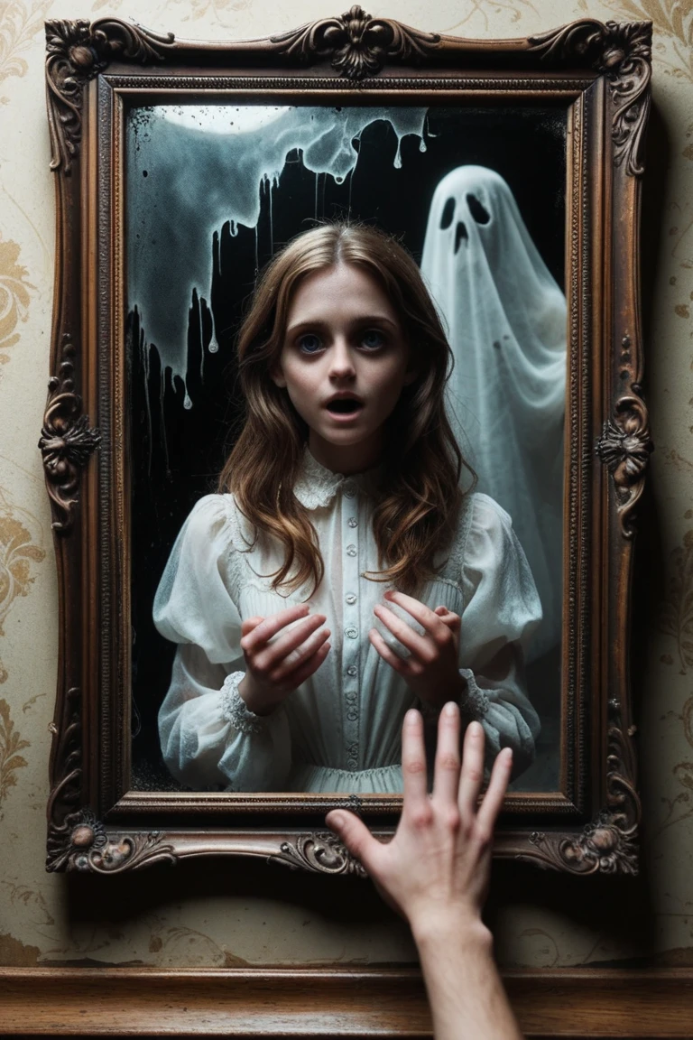 into the image, a young girl stands in a dark corner of an abandoned house, his eyes wide in panic. Ao fundo, an ethereal spirit, with a grim expression, floats in the darkness. Near her, an old and worn doll, with a disturbing look, seems to have a life of its own, intensifying the feeling of terror in the dark environment.