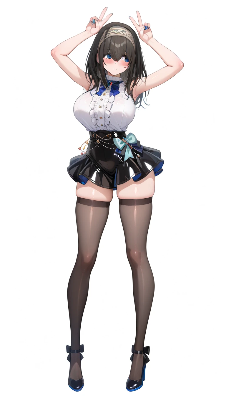 full body standing straight symmetrical, huge boob(masterpiece, best quality:1.2), cowboy shot, solo, 1girl, mmplatz, smile, looking at viewer, hands on hips, twintails, twin drills, dress, blue pantyhose, striped pantyhose, Handcuffs on their hands, With a collar around the neck